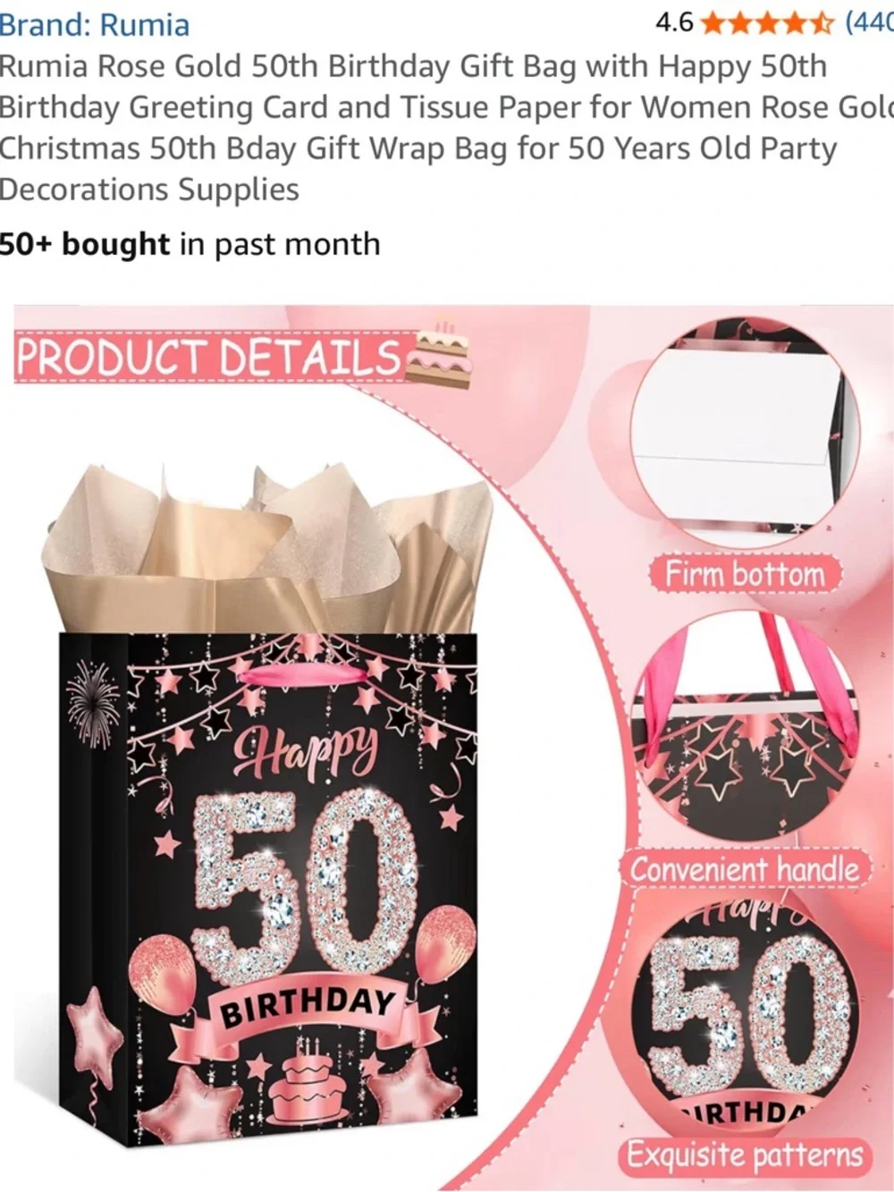 Amazon Pink and Black 50th Happy Birthday Gift Bag with Matching Card